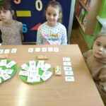 Dzieci układają działania na dodawanie z wykorzystaniem kartoników z cyframi i znakami zgodnie z ilością oczek na dominie.