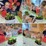 Dzieci z oddziału Biedronek sadzą wiosenne kwiaty oraz cebulę