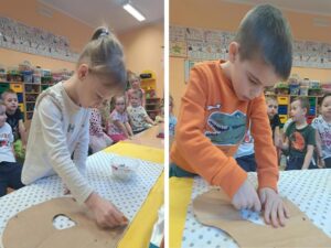 Dzieci z oddziału Biedronek szyją kamizelkę dla wróbelka Elemelka