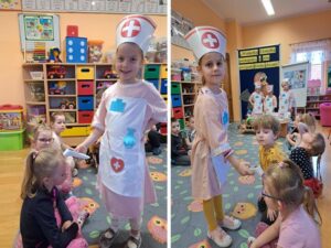 Zabawa tematyczna- dzieci przebrane za pielęgniarki leczą wróbelka Elemelka