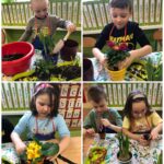 Dzieci przesadzają kwiatki