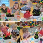 Dzieci z Oddziału Biedronek podczas sadzenia kwiatów i siania rzeżuchy do wiosennego kącika przyrodniczego