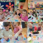 Dzieci z Oddziału Biedronek podczas sadzenia kwiatów i siania rzeżuchy do wiosennego kącika przyrodniczego