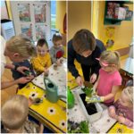 Panie pomagają dzieciom przy sadzeniu