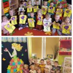 Zdjęcie grupowe przedszkolaków z oddziału Żuczki przy wiosennym ogródku oraz z pracami plastycznymi - krokusy