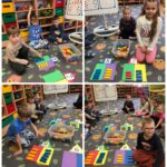 Dzieci układają klocki w matematycznych domkach