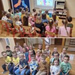 Dzieci z oddziału Biedronek oglądają film edukacyjny