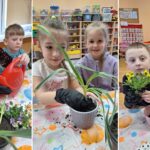 Dzieci z oddziału Biedronek zakładają wiosenny kącik przyrodniczy