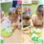 Przedszkolaki z oddziału Żuczki wsypują nasiona fasolki i grochu