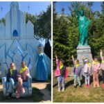 Grupa przedszkolaków przed Zimowym pałacem Elzy oraz przed posągiem Statuy Wolności