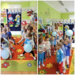 Chłopcy z oddziału Żuczki podczas zabawch ruchowych z balonem