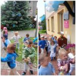 Dzieci z oddziału Żuczki na placu przed przedszkolem podczas zabaw z bańkami mydlanymi