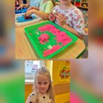 Dziewcznki prezentują wycięte kształty z piasku