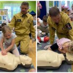 Dziewczynki wykonują ćwiczenia z zakresu masażu serca na fantomie