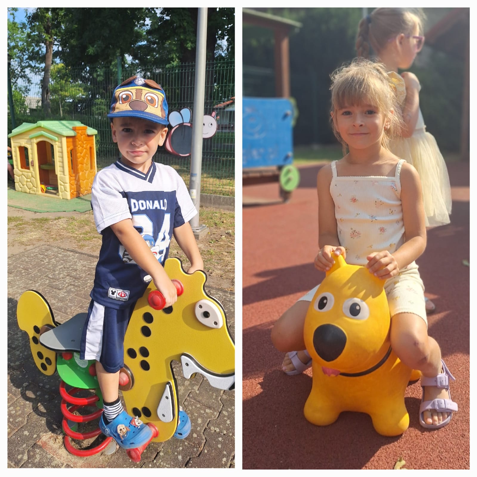 Zabawy dzieci na placu przedszkolnym, korzystanie ze sprzętu terenowego