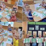 Dzieci z oddziału Biedronek podczas wykonywania pracy plastycznej, malowanie farbami znaku ewakuacyjnego