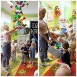 Przedszkolaki z oddziału Żuczki bawią sie kolorowymi piłeczkami