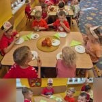 Dzieci degustują deser jabłko ze śliwką i kruszonką