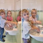 Dzieci myją rączki w łazience