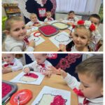 Dzieci z Oddziału Krasnoludki wykonują pracę plastycznę wyklejając mapę Polski białym i czerwonym ryżem
