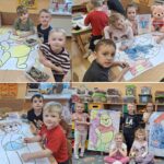 Dzieci z oddziału Biedronek kolorują obrazki z misiami XXL