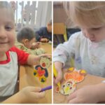 Dzieci z oddziału Krasnoludki ozdabiają dewniane misie zawieszki