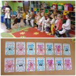 Dzieci z oddziału Żuczki jadą pociągiem ze swoimi misiami