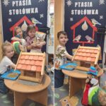 Dzieci dodają karmę dla ptaków do karmnika