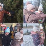 Dzieci wsypuja karmę do karmnika