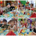 Dzieci przy stolikach z poczęstunkiem