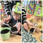 Chłopiec i dziewczynka z oddziału Żuczki wsypują ziemię i nasiona do pojemnika