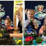 Dzieci sadzą kwiatki w doniczkach