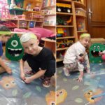 Dzieci zbierają śmieci i wkładają do stworków