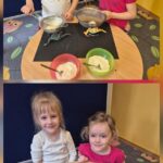 Dzieci przesiewają mąke aby powstał dinozaur