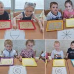 przedszkolaki podczas rysowania wzorów w kaszy