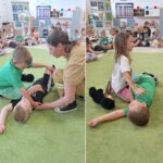 Dzieci podczas warsztatów, układają osobe poszkodowaną
