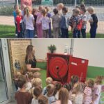 Dzieci z oddziału Biedronek podczas zajęć edukacyjnych poznają gaśnice i miejsce zbióki